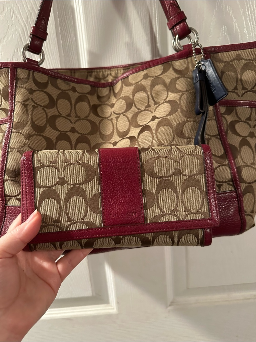 Coach Tan Signature Carrie Tote with Burgundy Leather Trim and Wallet